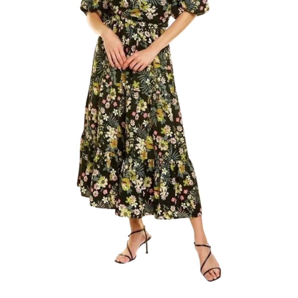 Walter Baker NWOT Bungalow Bloom Midi Skirt Olive Floral Tiered Crepe Sz 6